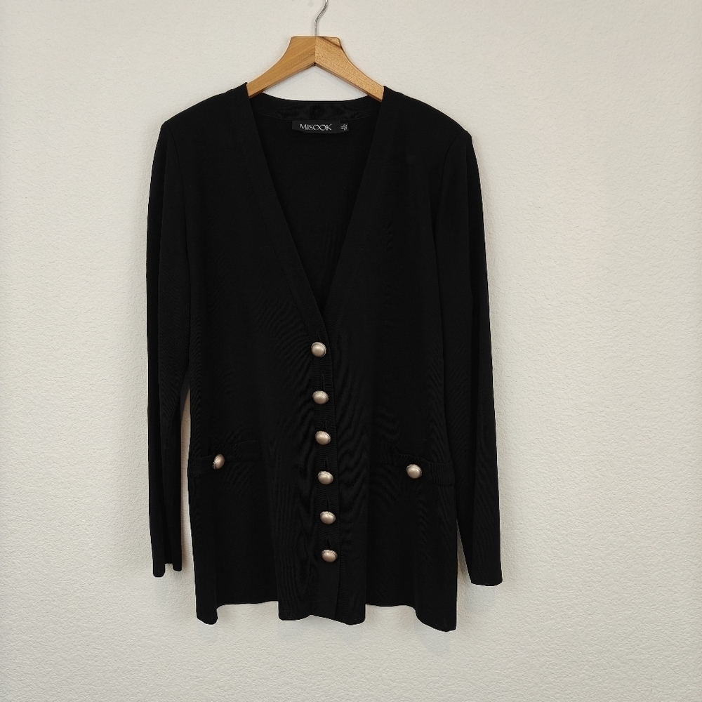 Misook Pearl Button Up Black Light Weight V-neck Cartigan Size Medium Women's - Picture 2 of 14